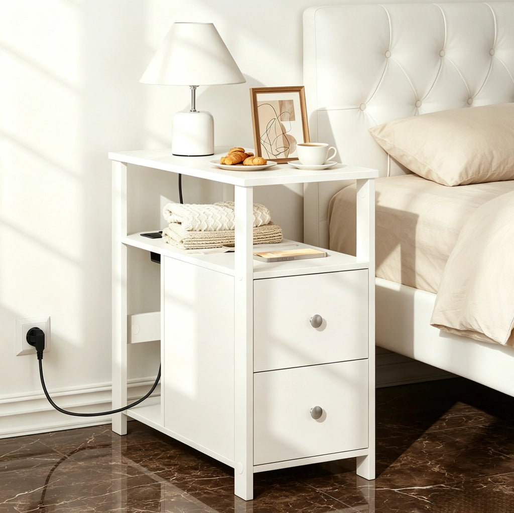 Tavolino laterale bianco con presa; 2 cassetti e ripiani; 60 x 60 x 30 cm