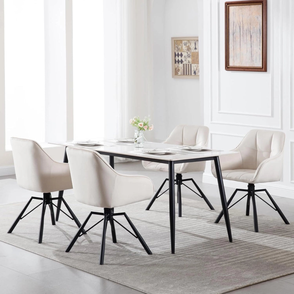 Sedia per Sala da Pranzo Girevole a 360°, Sedia da Cucina Imbottita con Gambe in Metallo, Poltroncina in Velluto per Camera da Letto, Soggiorno, Crema, BH365cm-1