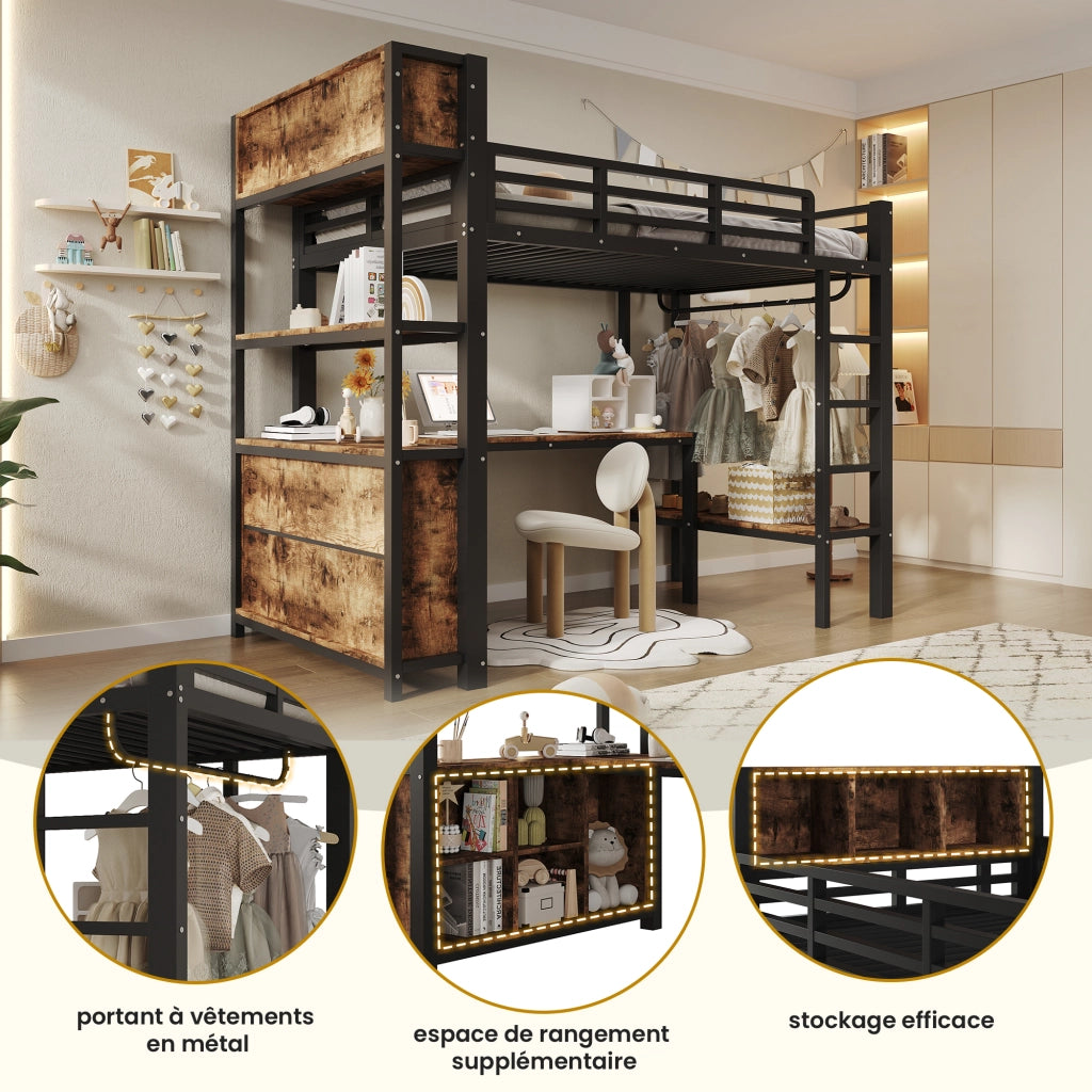 Letto a soppalco con tavolo, appendiabiti e scaffali, 90x200 cm, nero