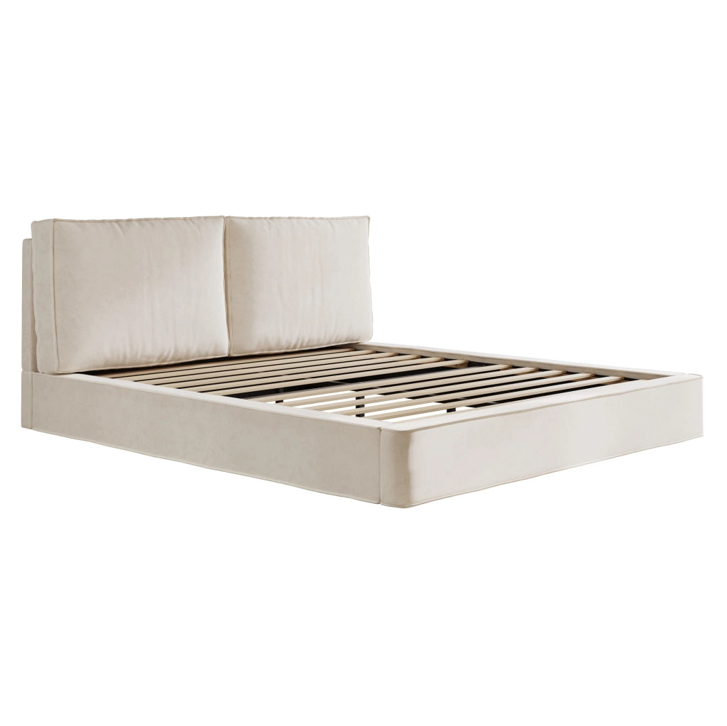 Letto matrimoniale imbottito 160x200 cm in chenille beige con rete a doghe e testiera alta 105 cm