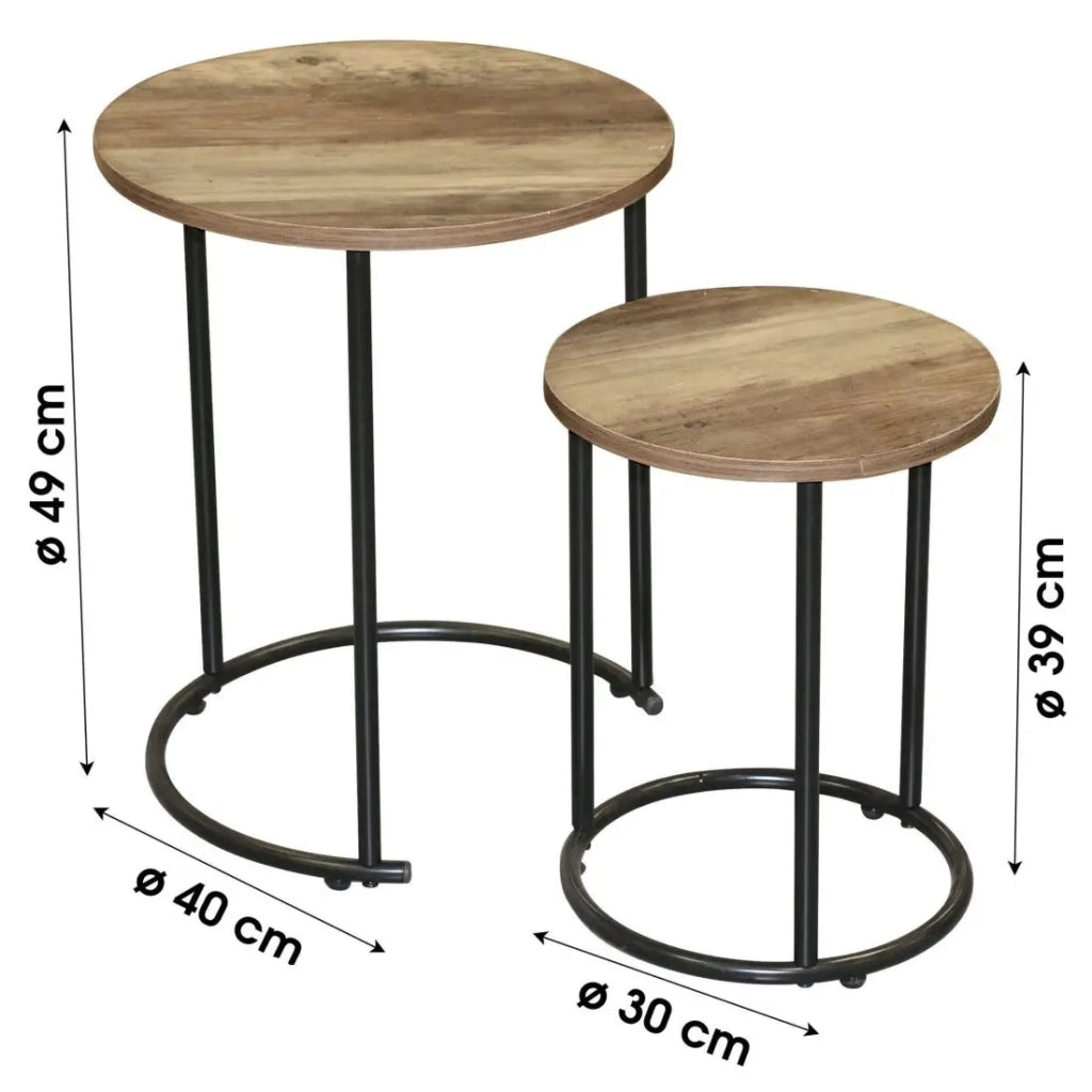 Set di due tavolini rotondi a incastro – Stile rustico, dimensioni 30x30x39 cm e 40x40x49 cm