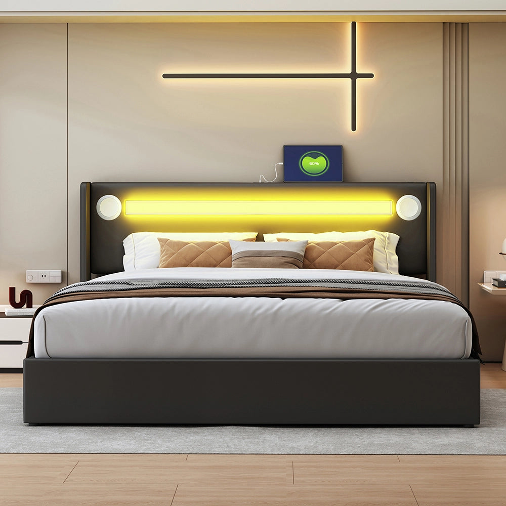 Letto a cassone imbottito - Xylo - 160x200 cm - Nero - Barra LED, Bluetooth, ricarica USB