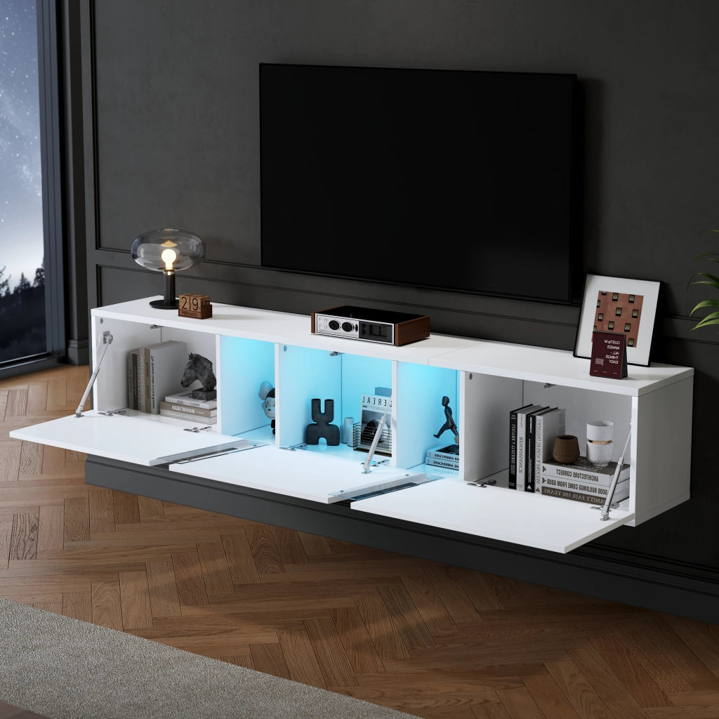 Mobile TV da Parete con 3 Ante a Ribalta e LED; Bianco Lucido; Stile Moderno; in Pannello Truciolare; 180×35×30 cm