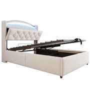 Letto singolo imbottito per bambini 90x200 cm con contenitore, LED e porte USB, beige