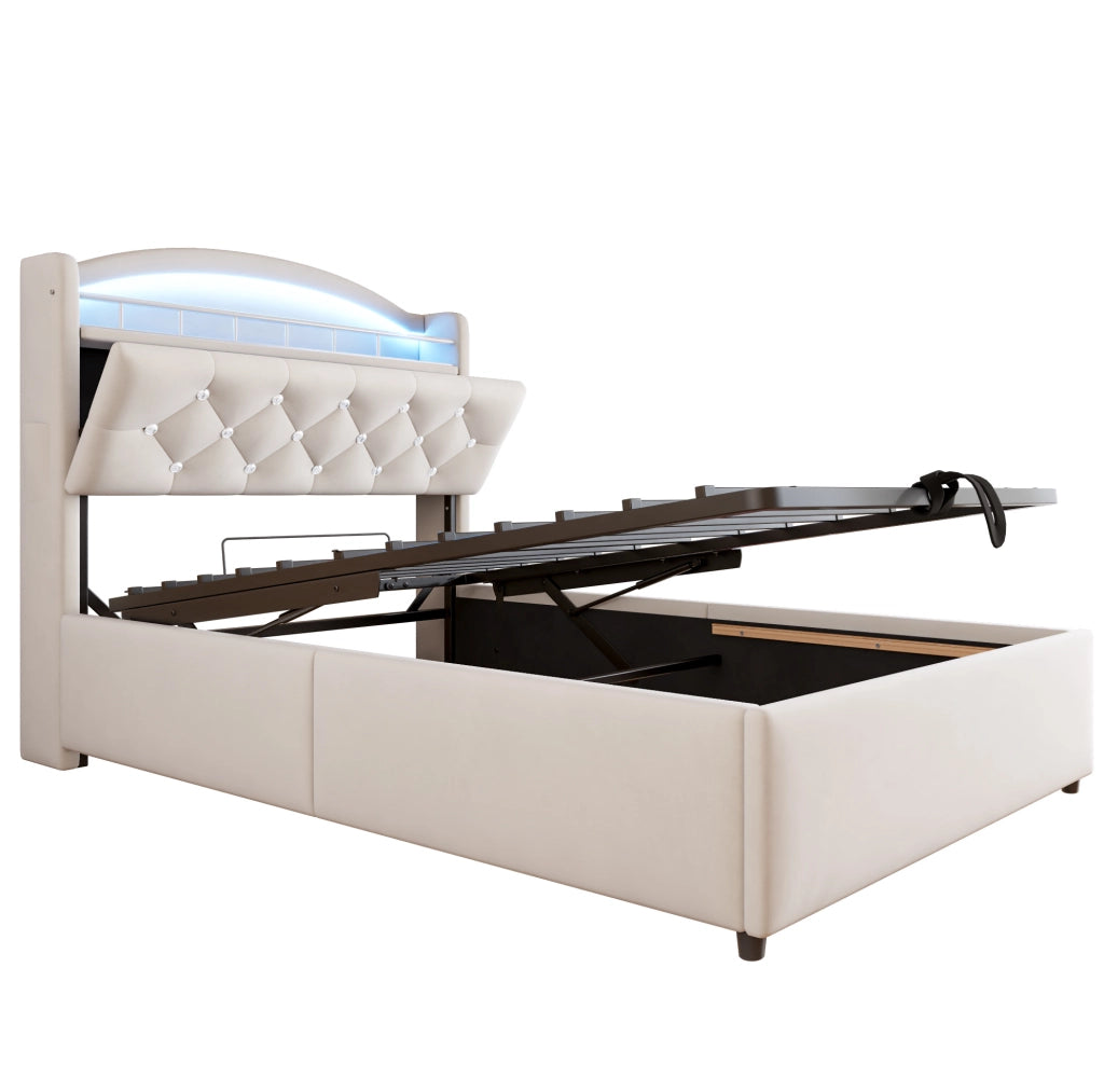 Letto singolo imbottito per bambini 90x200 cm con contenitore, LED e porte USB, beige
