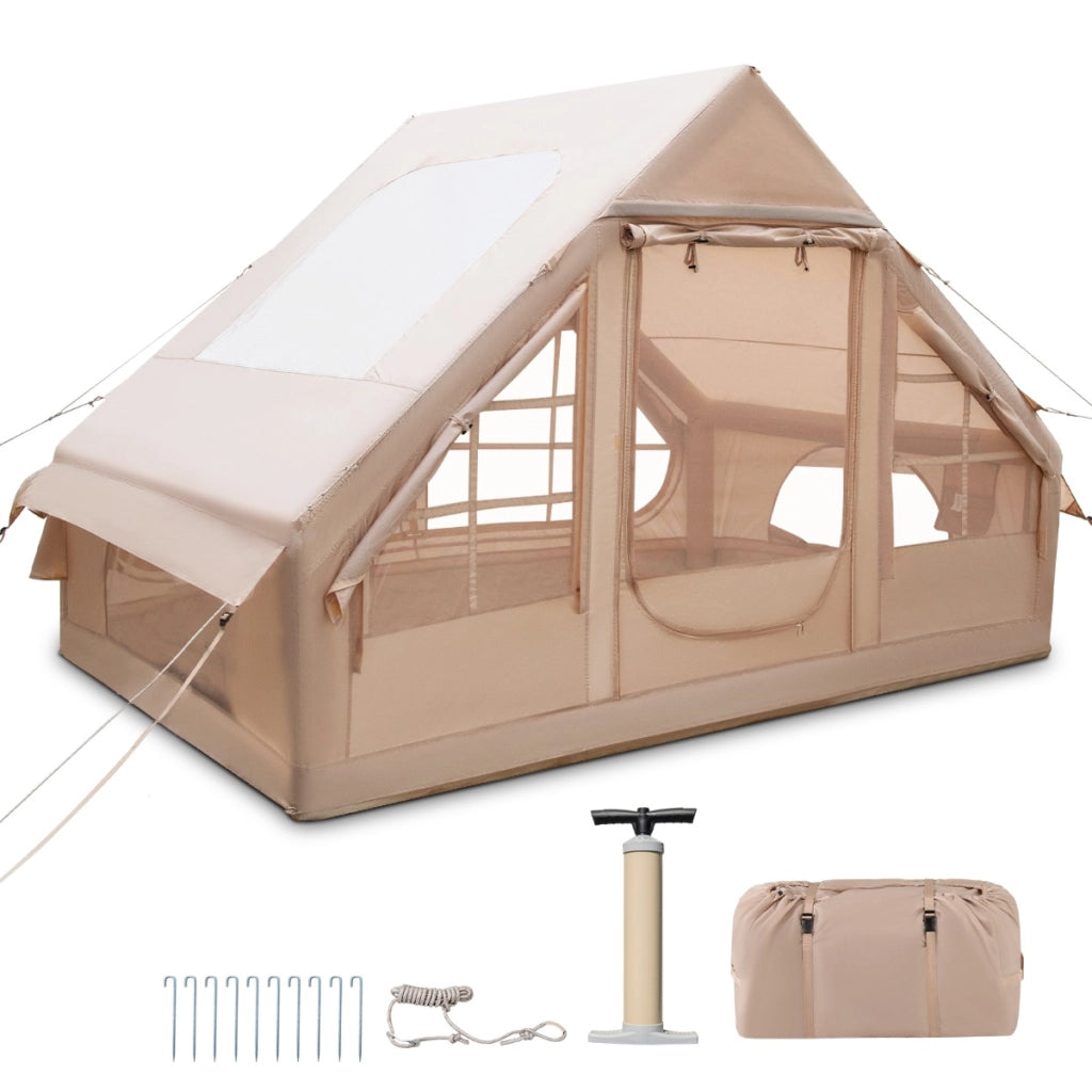 Tenda gonfiabile impermeabile per 4-6 persone con pompa, Tenda familiare portatile facile da montare per tutte le stagioni Beige-Tende