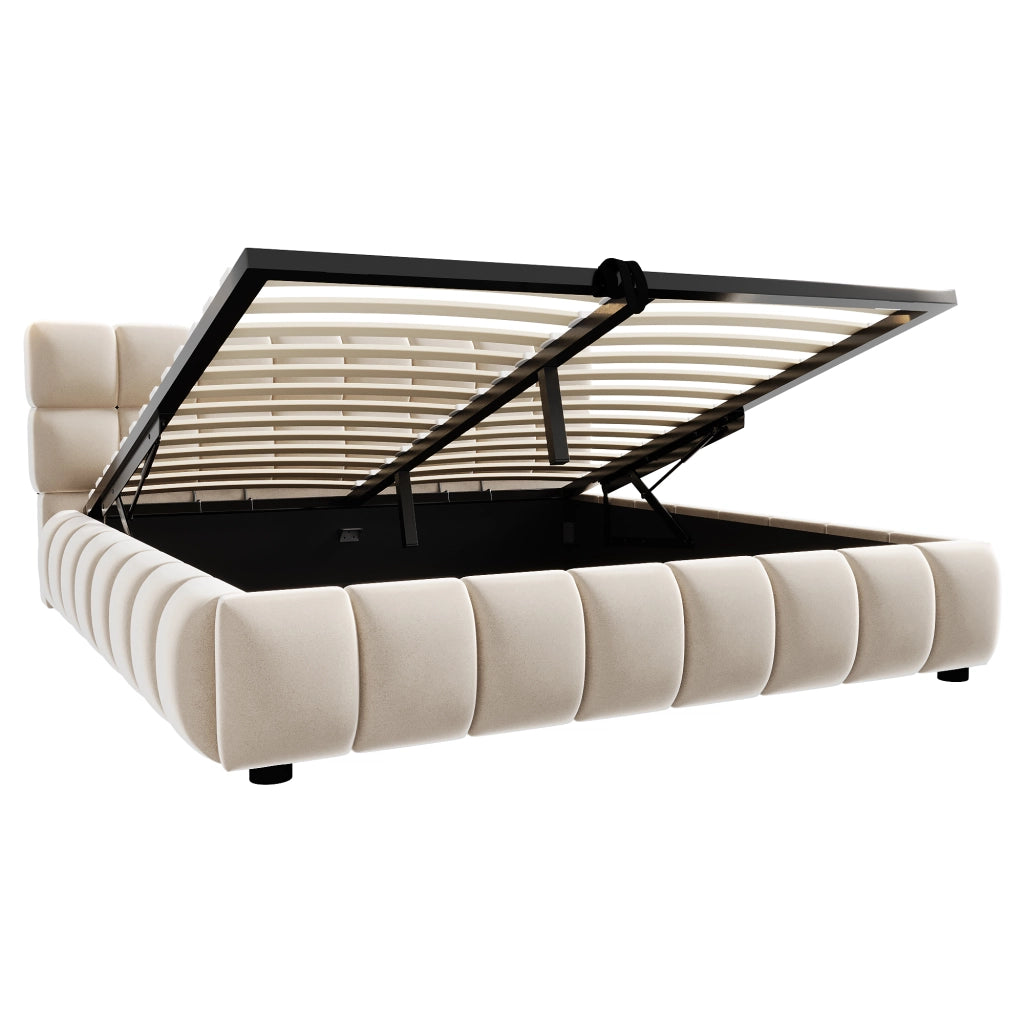 Letto Contenitore 140 x 200 cm; testiera imbottita; contenitore idraulico in Velluto Beige