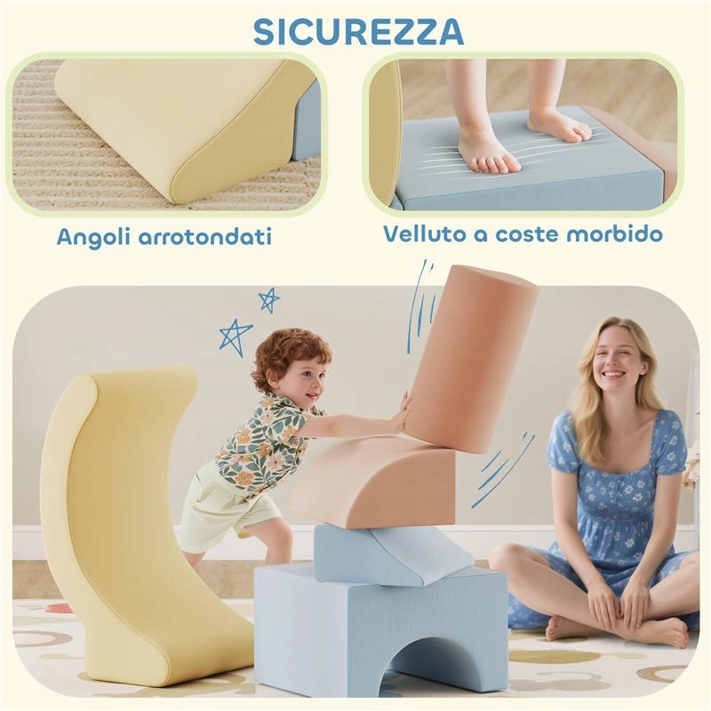 SET 5 COSTRUZIONI MORBIDE PER BAMBINI 1.5-8 ANNI, IN TESSUTO EFFETTO VELLUTO E SPUGNA, MULTICOLORE