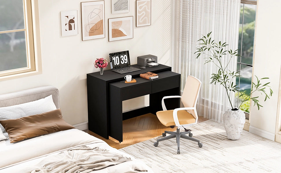 Scrivania lineare 2 in 1 con 2 cassetti e ruote, per piccoli spazi, in truciolato nero, 110 × 40 × 78 cm