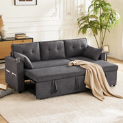OKWISH Divano Letto con Penisola Reversibile 3 Posti, con Contenitore, Portabicchieri e Tasche Laterali, Cotone Lino Grigio
