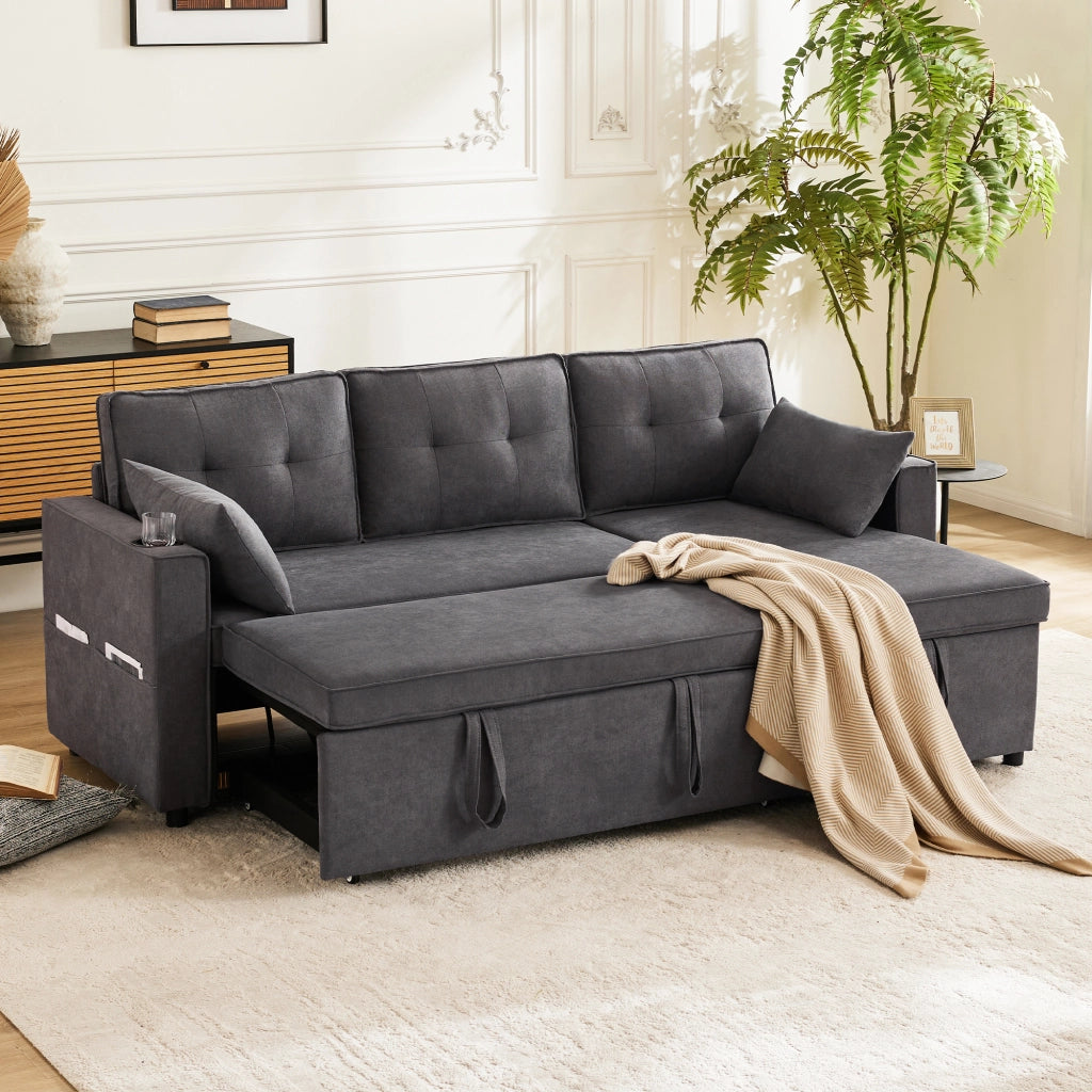 OKWISH Divano Letto con Penisola Reversibile 3 Posti, con Contenitore, Portabicchieri e Tasche Laterali, Cotone Lino Grigio