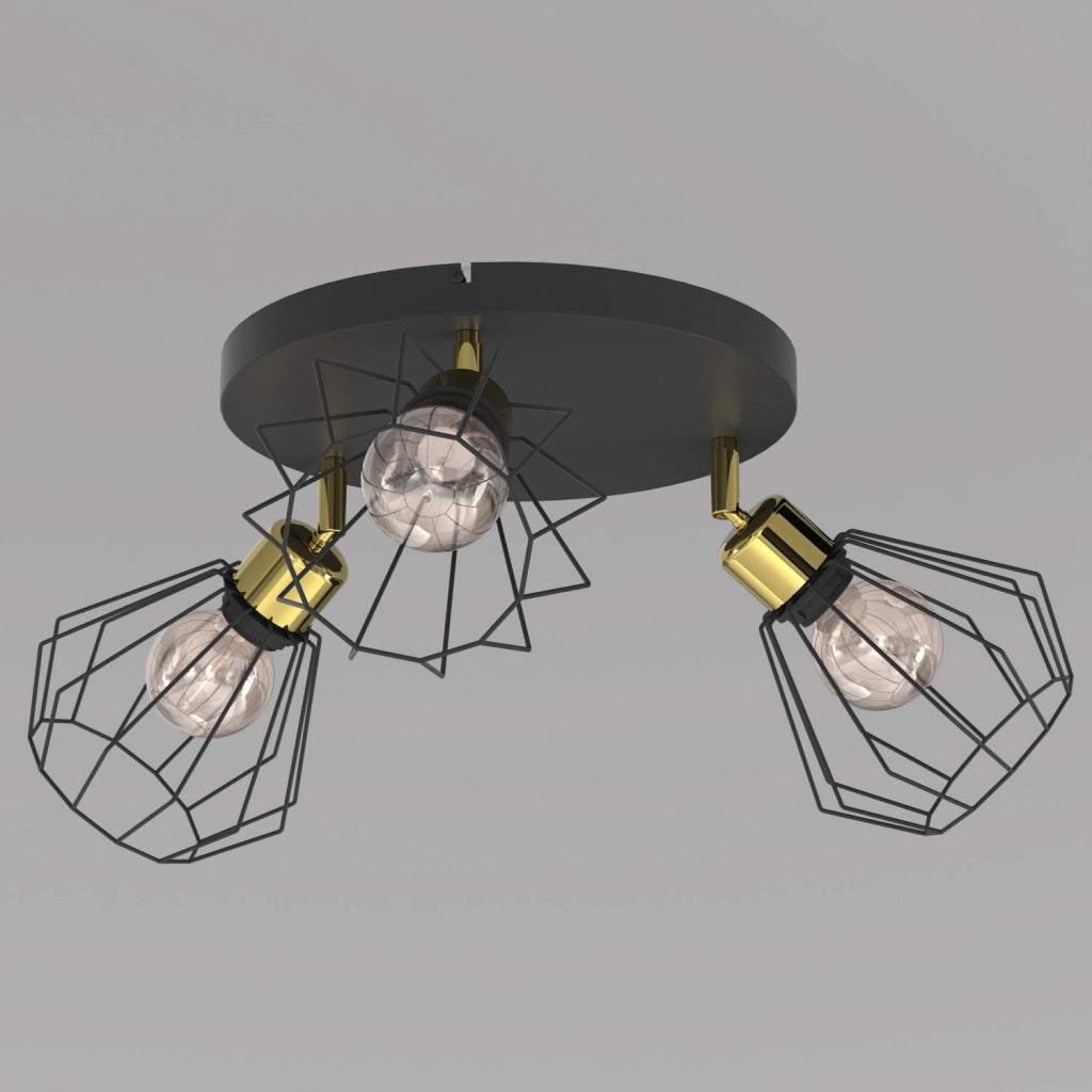 Lampada soffitto industriale Parkla 3 luci E27 nero oro