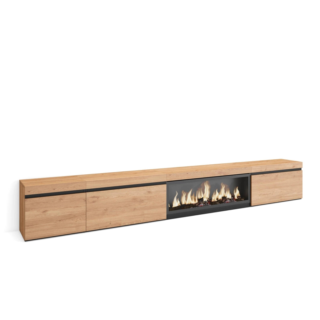 Mobile TV Soggiorno, 317x35x45cm, Camino elettrico XXL, colore Rovere RF3676