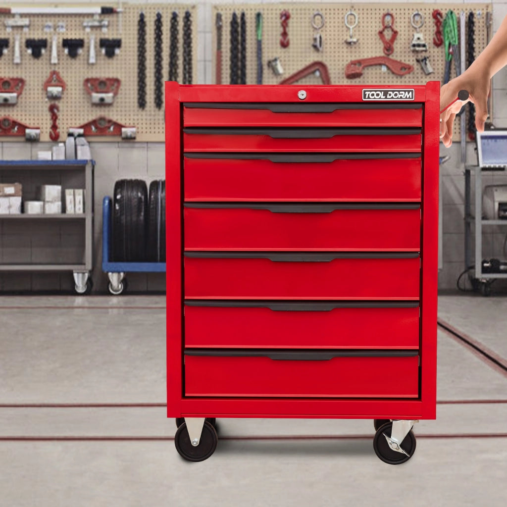 Scaffale con 7 cassetti e ruote, sistema di chiusura con chiave, per garage e officina, metallo rosso 615 × 330 × 860 mm