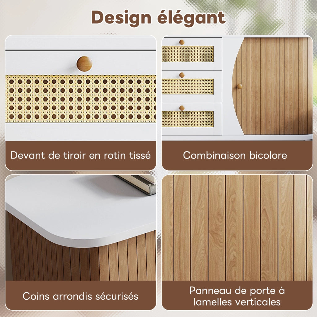 Credenza con 2 Ante 3 Cassetti in Rattan e Ripiani Regolabili per Soggiorno in MDF 140;5 x 40 x 76 cm Bianca