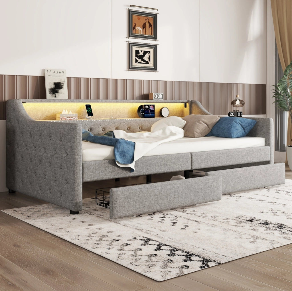 Daybed 90x200 cm con LED, USB e 2 cassetti