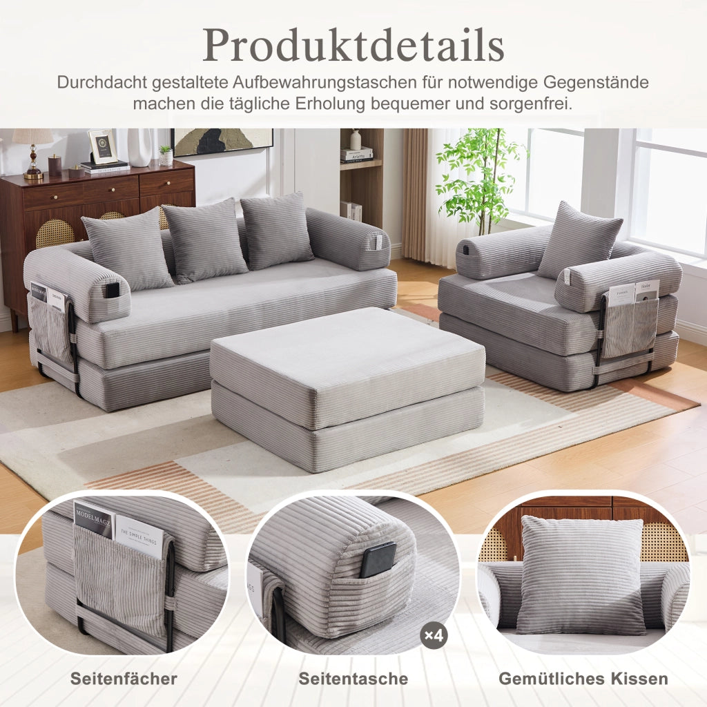 DIVANO modulare in corda grigio chiaro con pouf e cuscini
