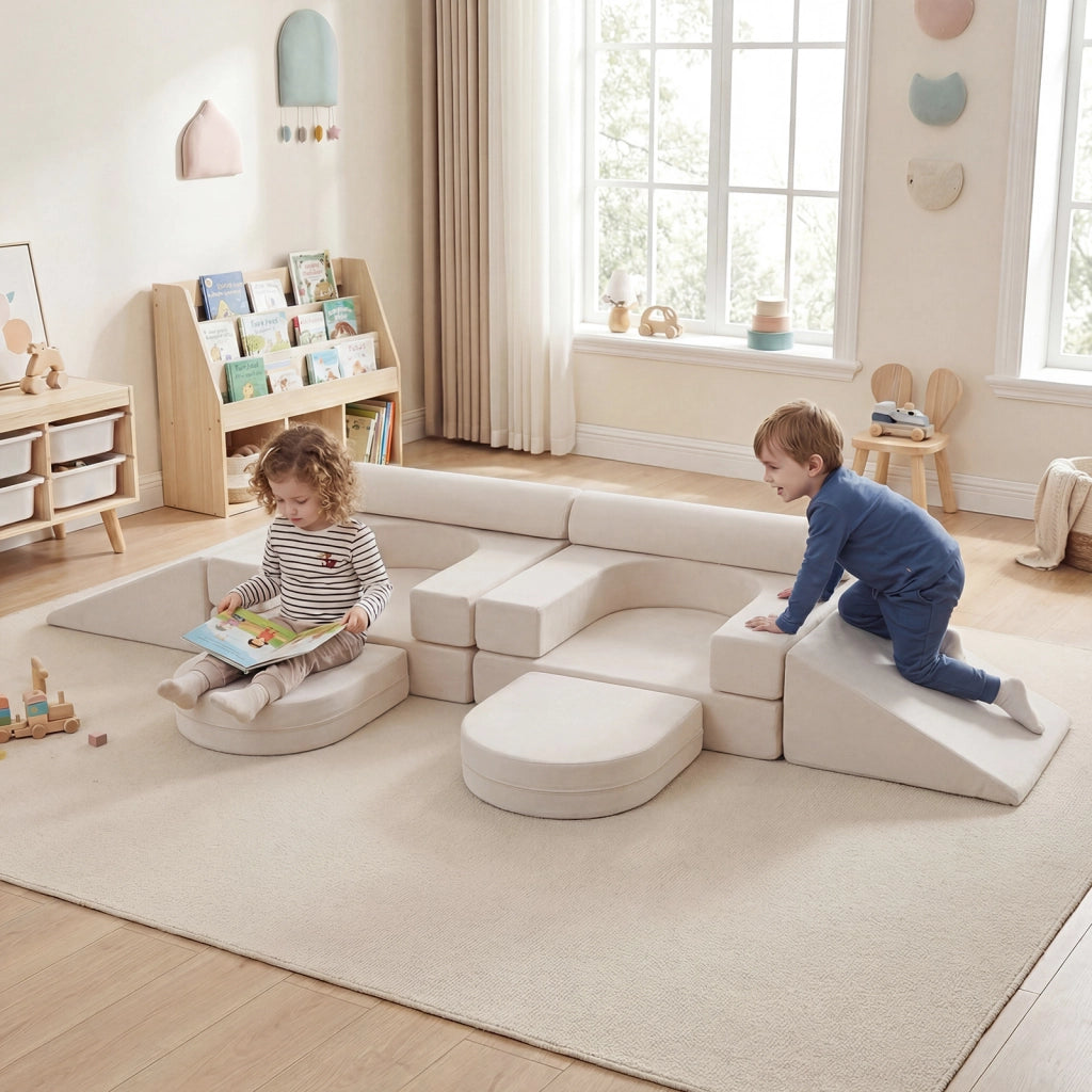 Divano da gioco per bambini trasformabile tessuto suede e schiuma ad alta elasticit¨¤, Poltrona modulare a 10 pezzi Beige