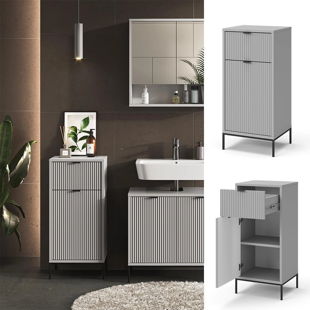 Mobiletto bagno Eliza, Grigio, 40 x 87 cm con anta e cassetto, per la conservazione in bagno o da abbinare a Eliza