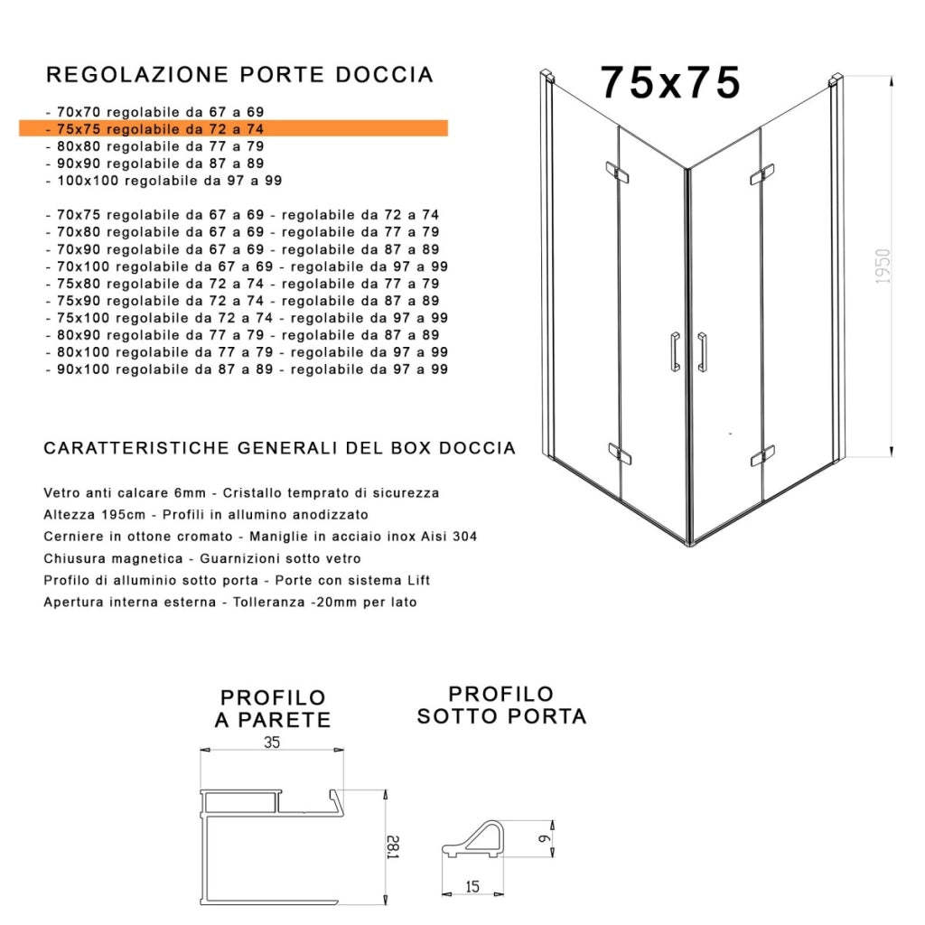 Box doccia 2 lati a soffietto trasparente senza profili 6mm h195 anticalcare rea, misura 75x75