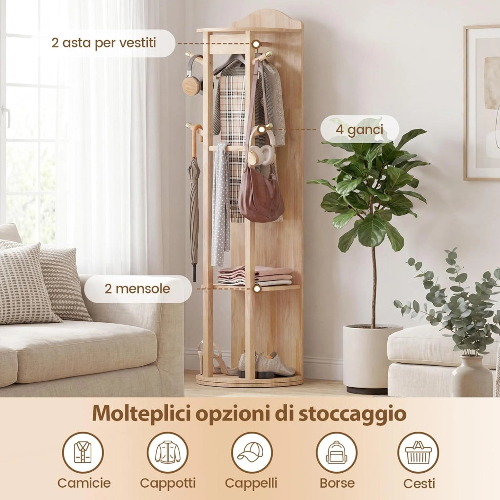 Appendiabiti Girevole a 360° con Specchio, Specchio a Figura Intera da Terra con Ripiani e Ganci, Appendiabiti per Soggiorno, Camera da Letto e Guardaroba (Stile 2)