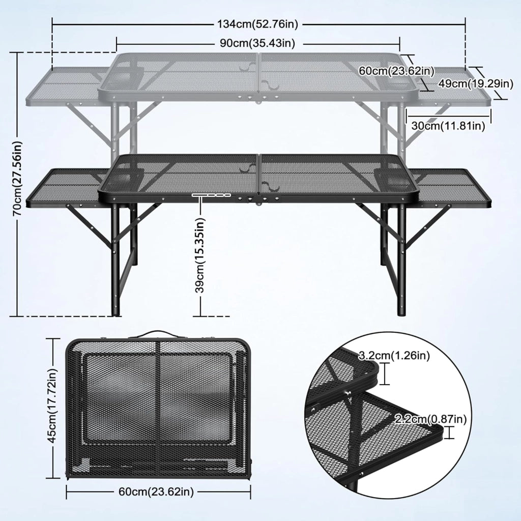 Tavolo da campeggio pieghevole, regolabile in altezza, da giardino, da balcone, da campeggio, con prolunghe, in metallo, per feste, pieghevole, resistente alle intemperie, 90 x 60 cm