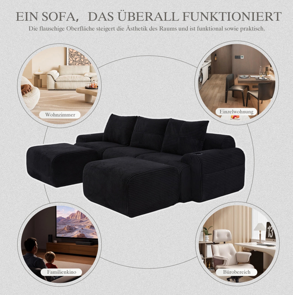 Divano modulare 3 posti in corduroy nero 268x174x66 cm con portabicchieri e tasca laterale