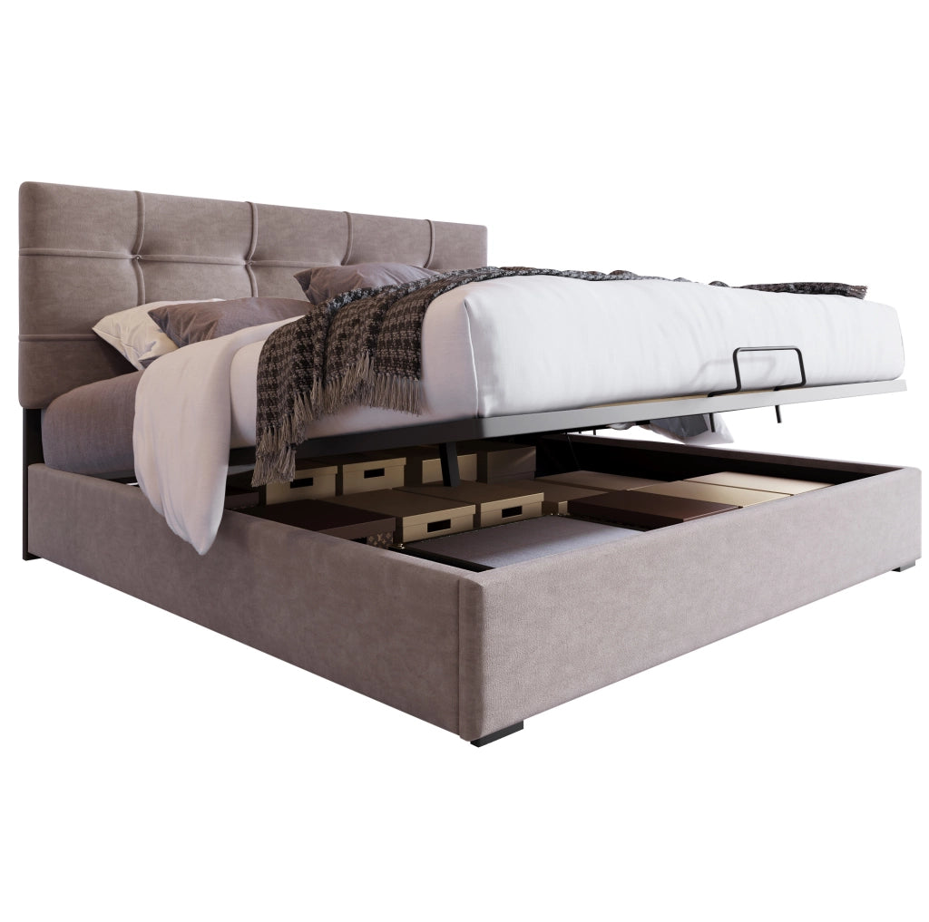Letto matrimoniale imbottito 140x200 cm in velluto grigio chiaro con contenitore e testiera regolabile
