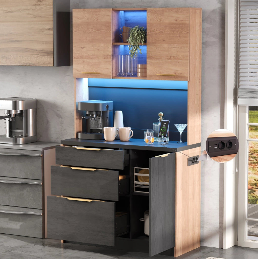 Mobile colonna cucina moderno con LED regolabili, prese UE e piano nero