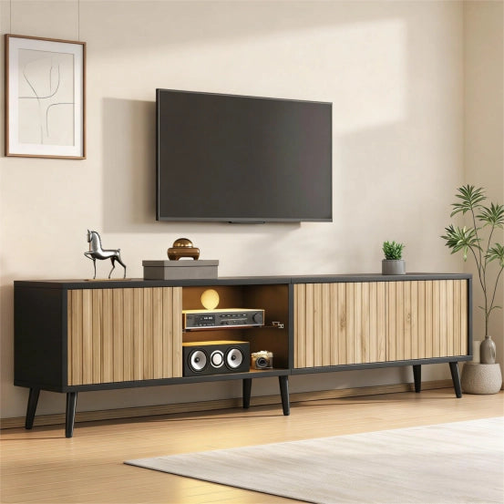 Mobile TV LED Lowboard ¨C Xylo ¨C Legno Naturale e Nero, 175x31x43 cm, Vetro Temperato, per 75 Pollici