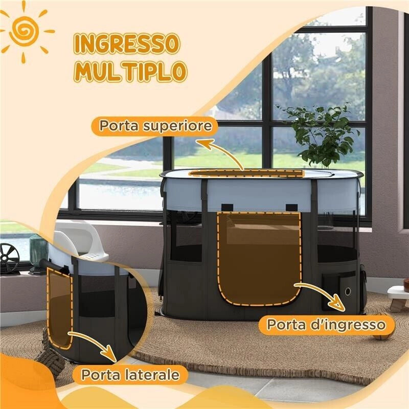 BOX PER ANIMALI CON 7 FINESTRE, 3 PORTE E 2 BORSE PORTAOGGETTI, IN POLIESTERE E ACCIAIO, 84X64X53 CM