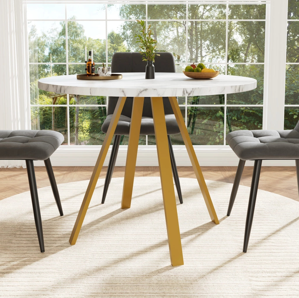 Set tavolo da pranzo rotondo con 4 sedie in velluto bianco e oro