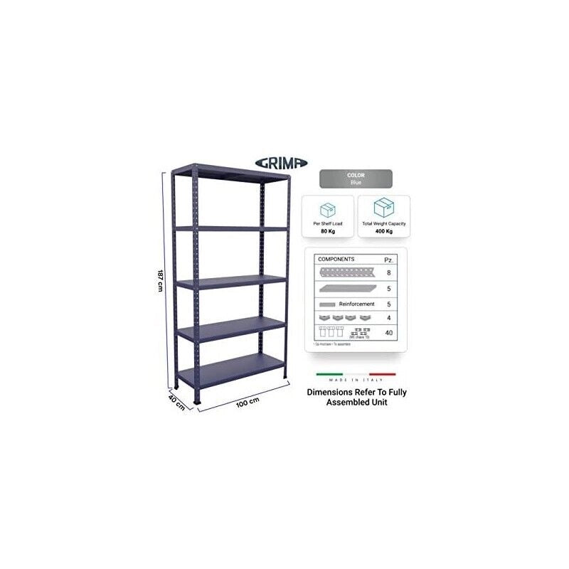 SCAFFALE IN METALLO BLU ETTORE KIT BULLONI 100 X 40 X H 187 CM 5 RIPIANI