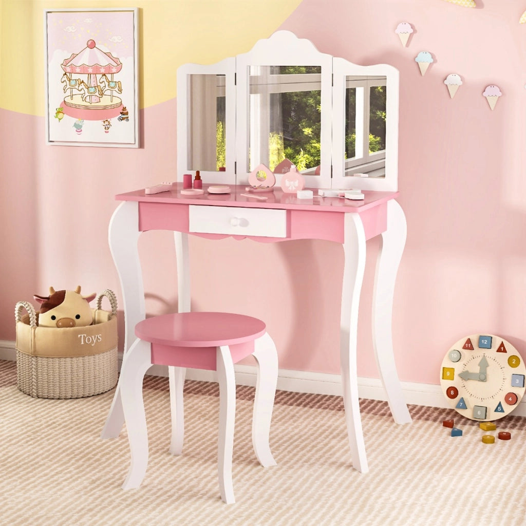 Set toletta da trucco per bambini con specchio in acrilico a 3 pannelli, Tavolo da trucco con sgabello Bianco-Toelette per bimbi