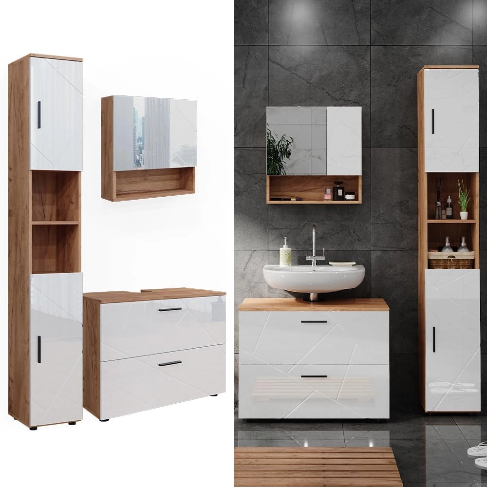 Set di mobili da bagno Irma, Bianco lucido/oro power oak, 80 cm, composto da mobile sottolavabo, specchiera e colonna alta