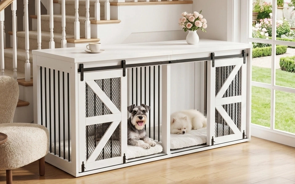 CUCCIA PER CANI Doppio Spazio 160x60x75 cm MDF e Metallo Bianca