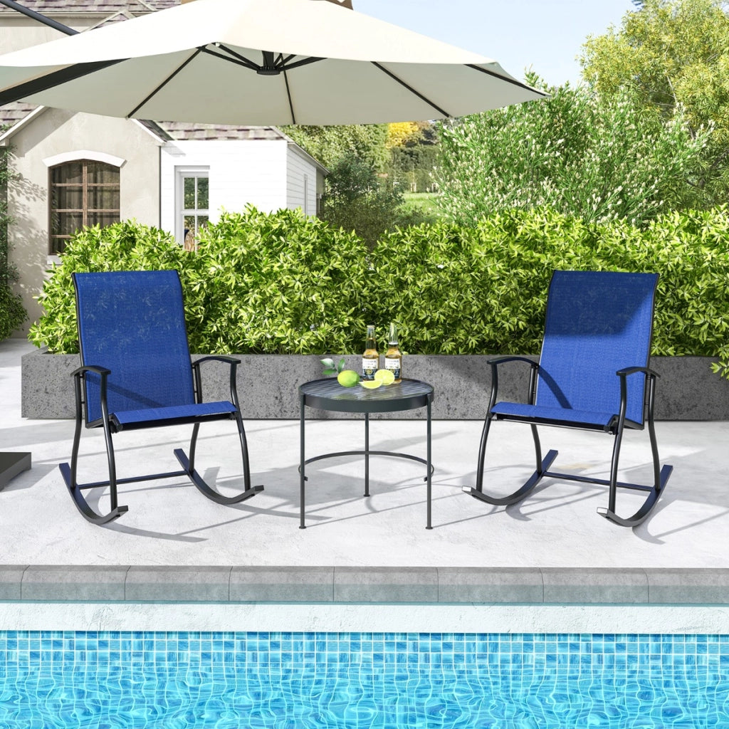 2 Sedie a dondolo da esterno con schienale traspirante telaio metallico, Sedie a dondolo per giardino Blu scuro-Poltrone e sdraio