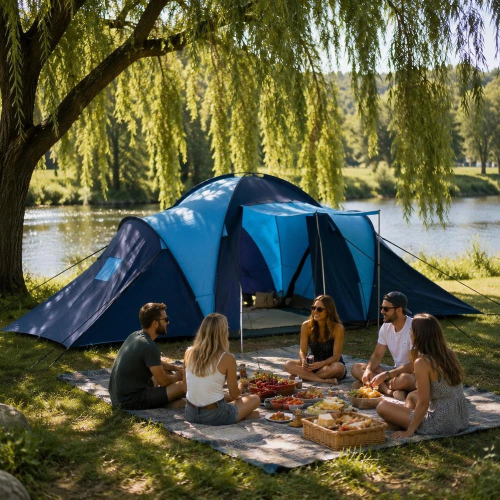 Camping Tent, Fabric, 9 Persons, Dark Blue And Blue