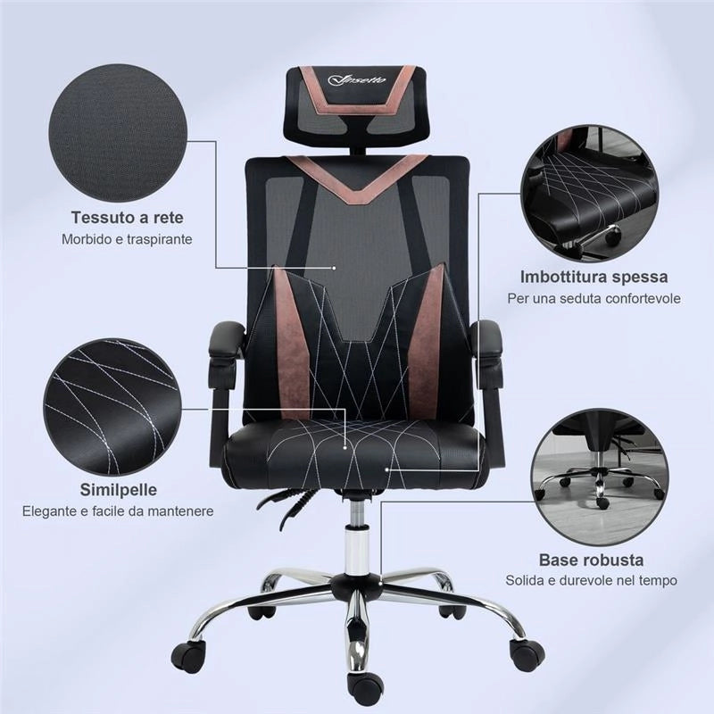 SEDIA DA UFFICIO CON SUPPORTO LOMBARE 58 X 62.5 X 112-120 CM NERO E ROSA