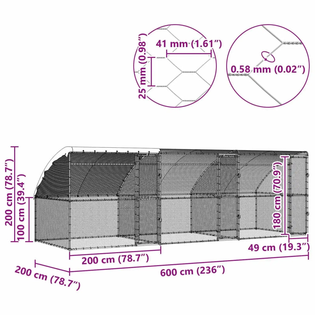 Gabbia per polli 3 pcs Argento 600 x 200 x 200 cm Acciaio e PE 3381108