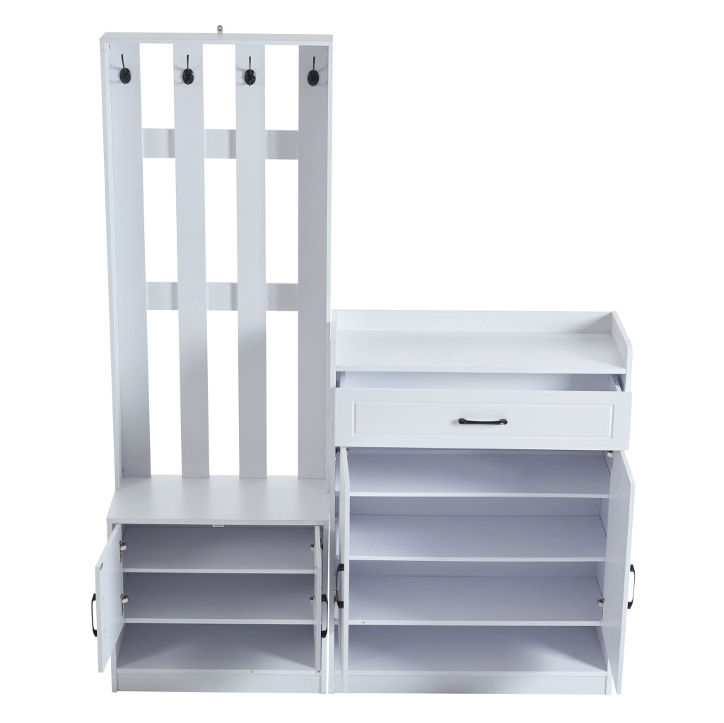 Set ingresso 3 in 1 con panca; pannello appendiabiti e scarpiera 140x32x180 cm; bianco in truciolare