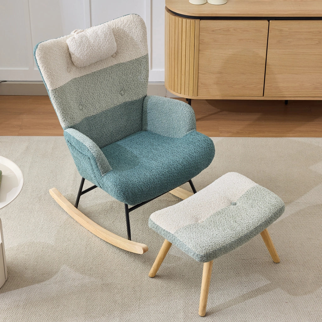 Poltrona a dondolo in bouclé con schienale alto, tasca laterale e struttura in metallo e legno multicolore 83 × 65,5 × 95 cm