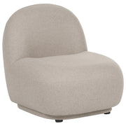 Poltrona beige in tessuto facile da pulire, design contemporaneo retrò, schienale basso, stile moderno e minimalista