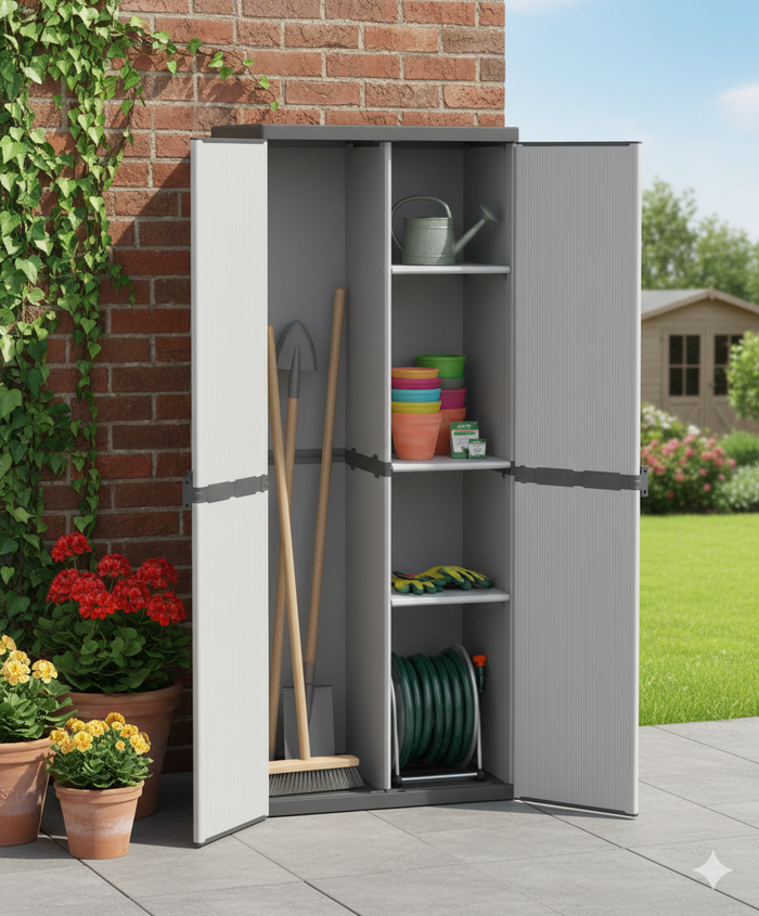 Armadio Portascope da Esterno 68x40x165 cm 2 Ante 4 Ripiani in Resina Grigio