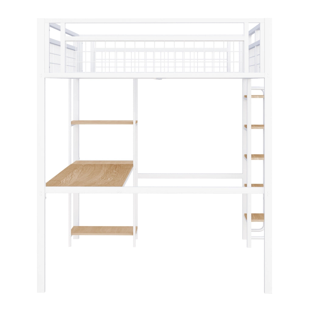Letto a soppalco 140x200 cm con scrivania e ripiani in metallo e MDF bianco