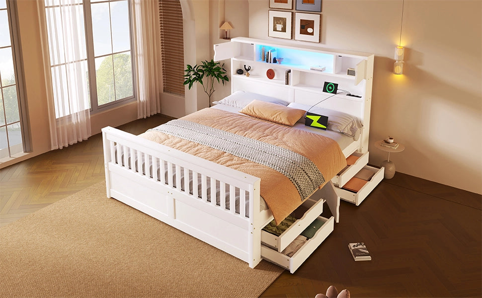 Letto contenitore 160 × 200 cm con 4 cassetti, scaffali e LED, senza materasso, in MDF e compensato, bianco