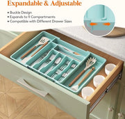 Organizzatore di carrello per cucina, Cassetta estendibile per utensili da cucina, Sostegno regolabile per posate e argenteria, Contenitore per posate, forchette e coltelli in plastica, Grande, Blu turquesa