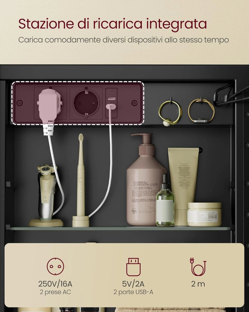 VASAGLE Armadietto Bagno da Parete con Specchio e Luce, Mobiletto Pensile Bagno con Stazione di Ricarica, 2 Ripiani Regolabili, Angoli Arrotondati, Nero Inchiostro BBK128B01V1