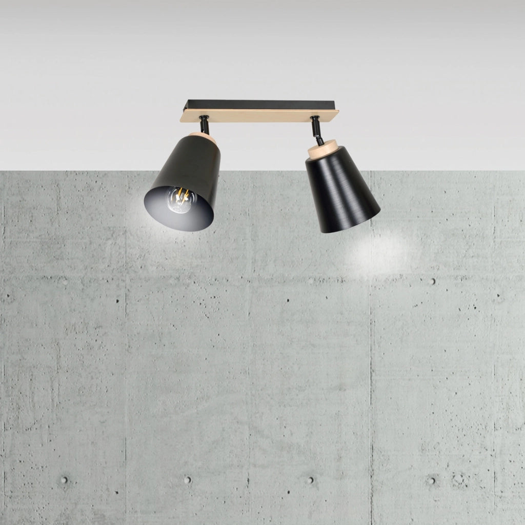 Plafoniera Faretti Spot Orientabili 2 Luci Xiwangmu Acciaio Nero E Legno Naturale