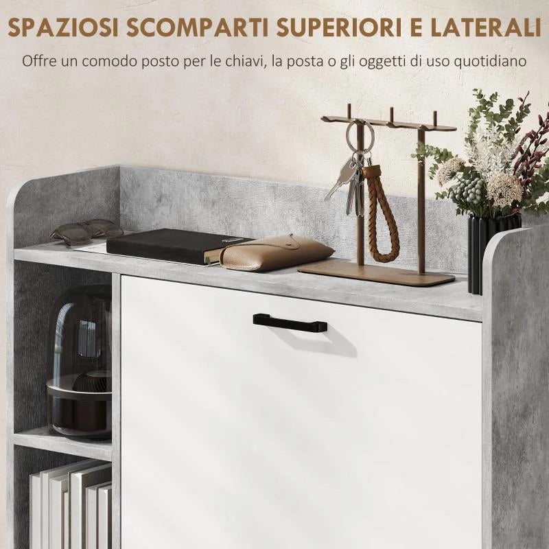 SCARPIERA SLIM CON 2 CASSETTI RIBALTABILI E 3 VANI APERTI, CAPACITÀ 15 SCARPE, 83X24X90.5 CM, GRIGIO